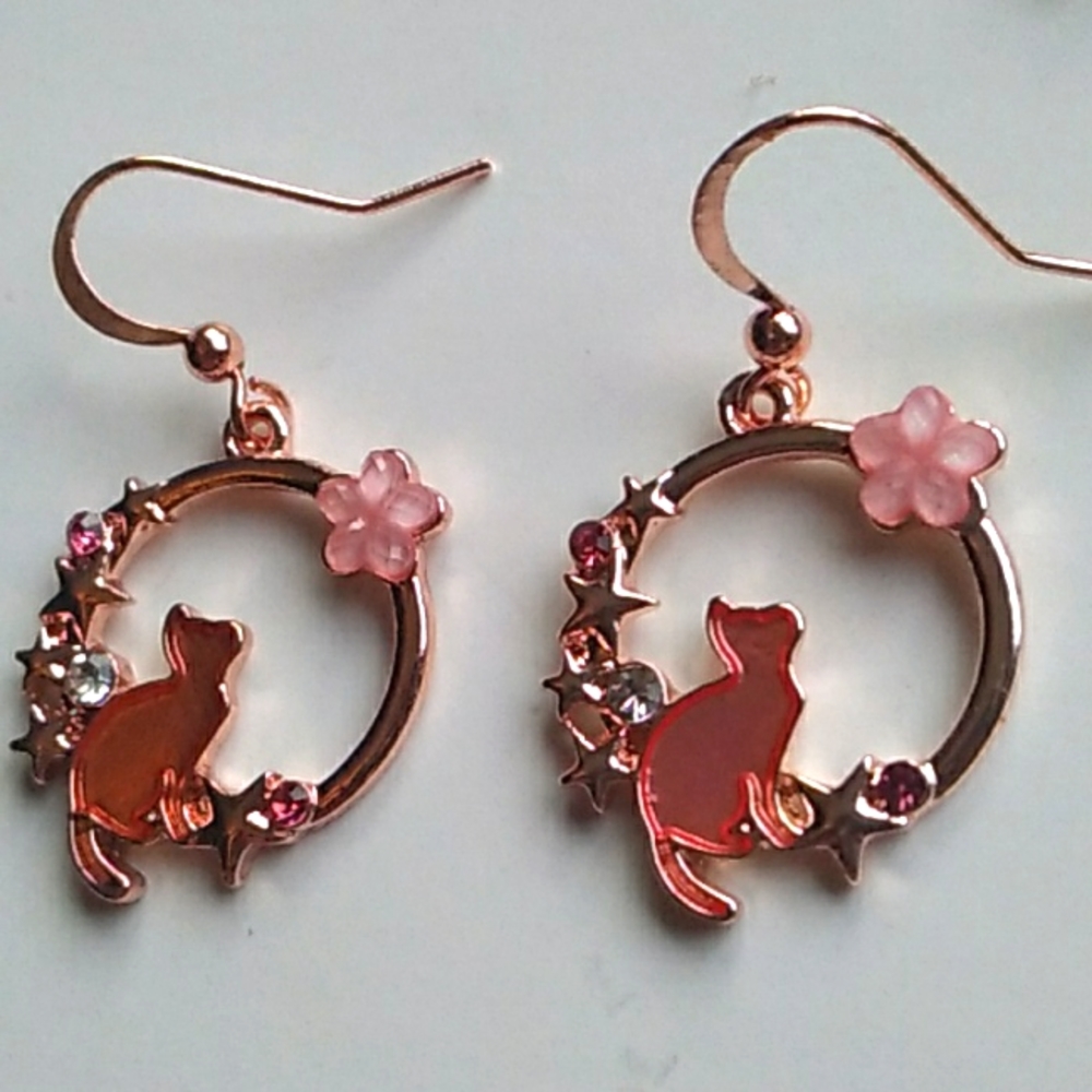 Pink flower star Cat Earrings